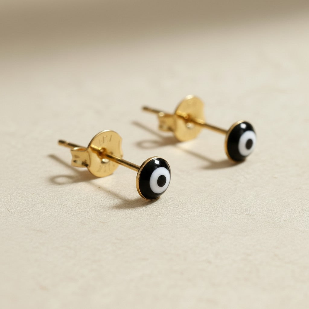 👁️ 18k Gold Filled Black Enamel Evil Eye Stud Earrings — The Protective Gaze. Tiny. Always Watching.