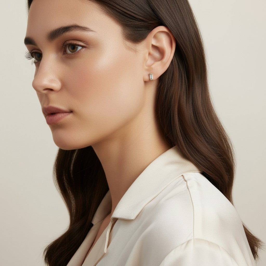 Baguette Stud Earrings - Minimalist CZ Diamond Studs for Women | Dainty