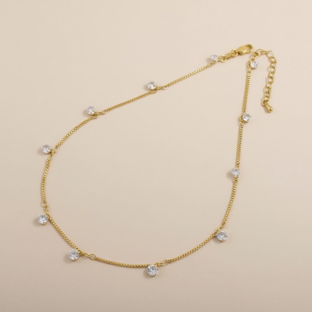 18k Gold Filled Box Chain & Dangling CZ Stones Necklace