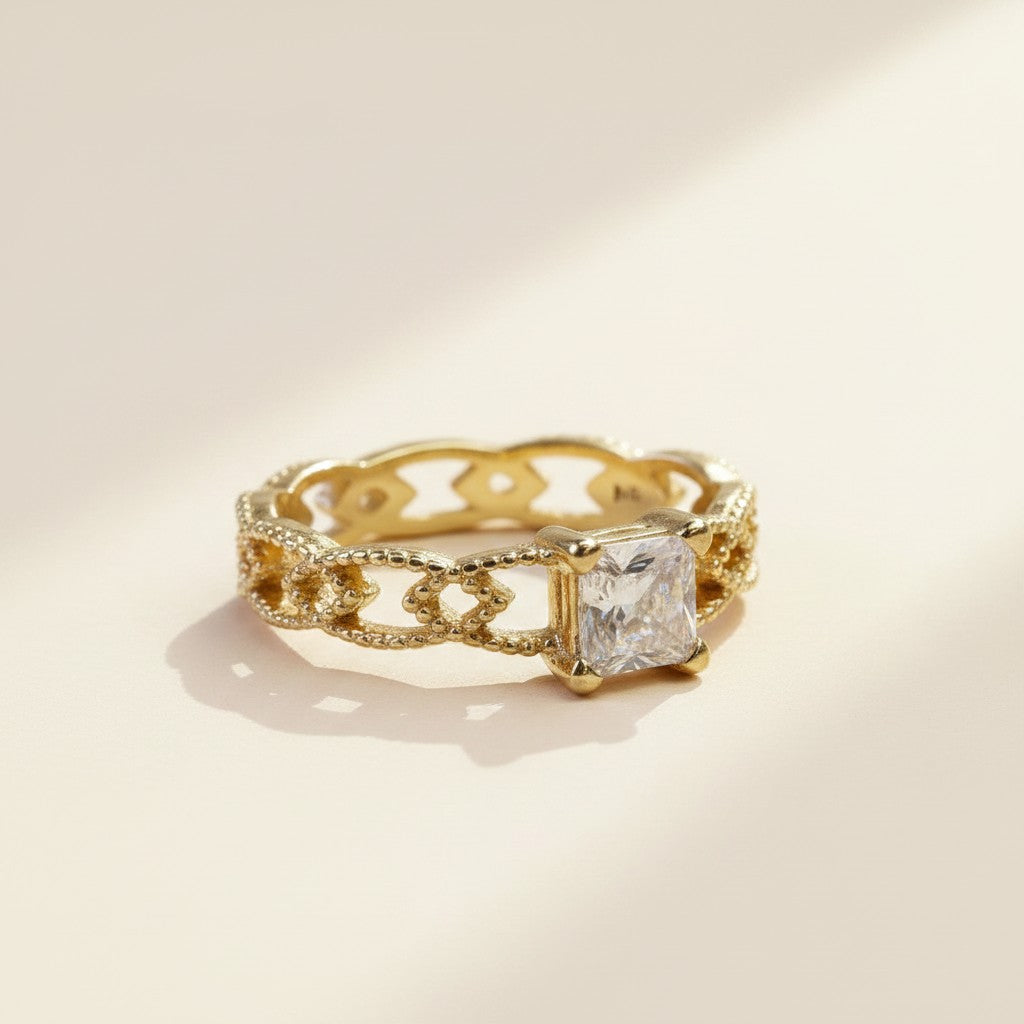 💎 18k Gold Filled Princess Cut CZ Vintage Band Ring — Square Stone. Engraved Band. Old Hollywood at the Finger.