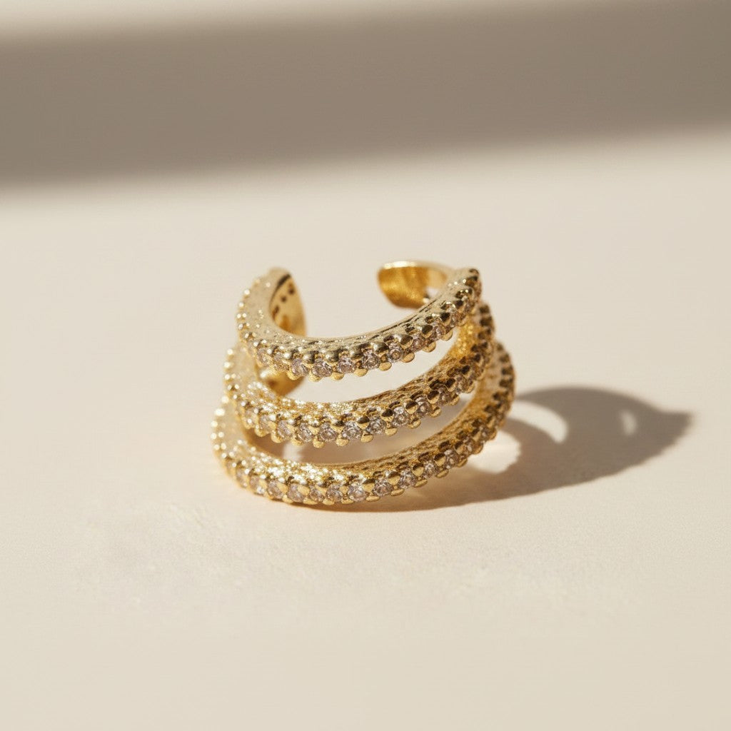 ✨ 18k Gold Filled Triple Row CZ Ear Cuff — Three Lines of Sparkle. One Bold Statement. No Piercing.