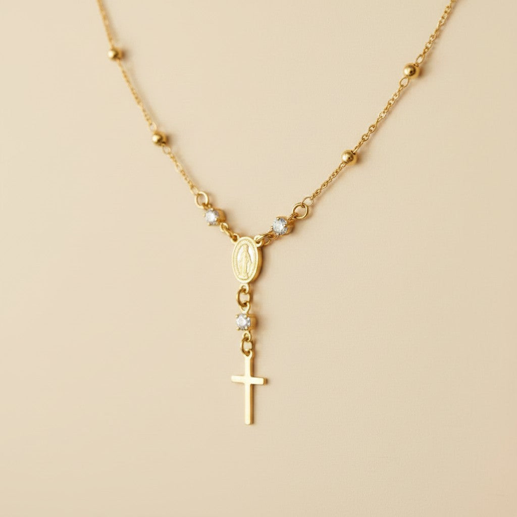 18k Gold Filled Our Lady of Graces Rosary Necklace | Faith, Elegantly Worn