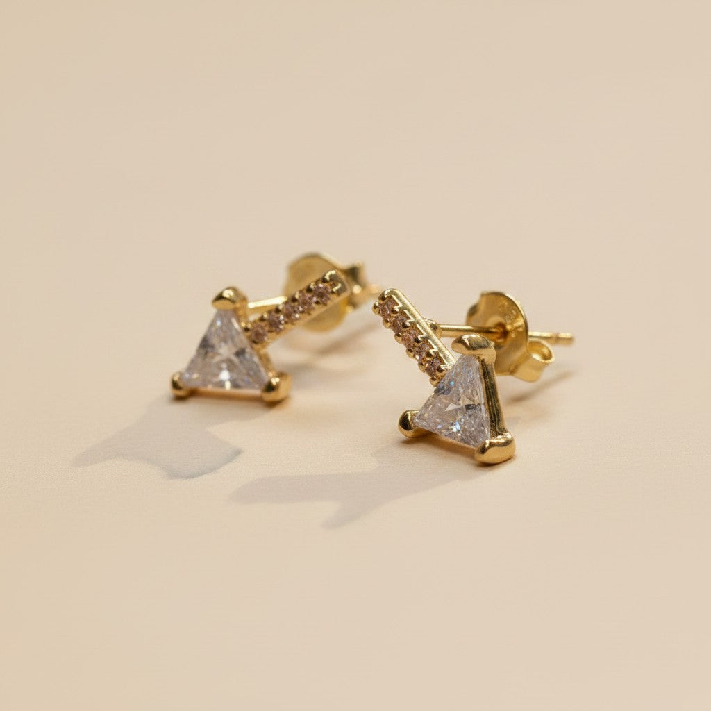 ✨ 18k Gold Filled CZ Bar Triangle Stud Earrings — Three Edges. Three Lines of Sparkle. One Sharp Silhouette.