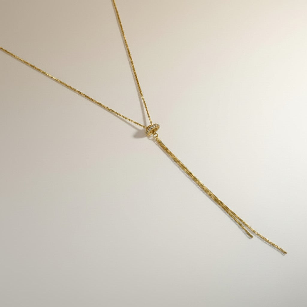 ✨ 18k Gold Filled CZ Bar Lariat Tassel Necklace — Minimalist Design, Maximum Impact