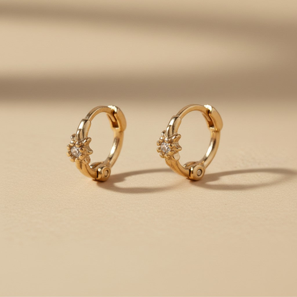 ✨ 18k Gold Filled Starburst Mini Clicker Hoop Earrings — Radiating Texture at the Smallest Scale.