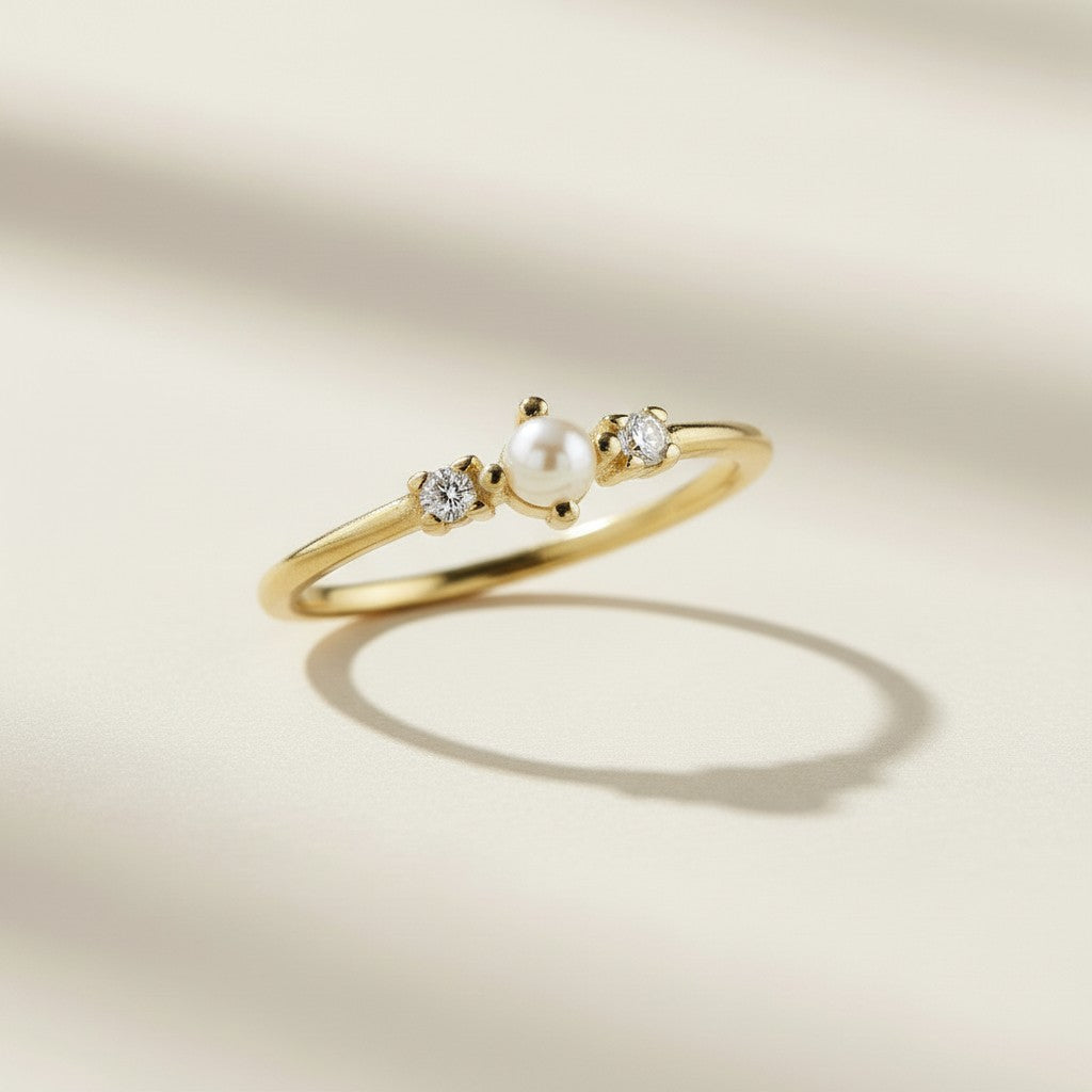 18k Gold Filled Pearl & Crystal Ring