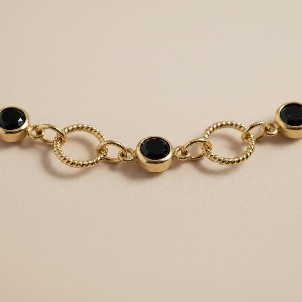 18k Gold Filled Black Bezel CZ & Circles Bracelet