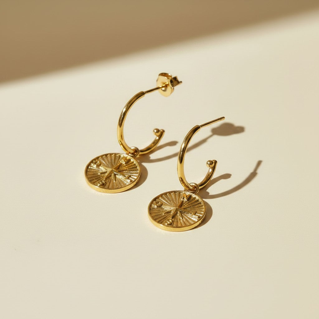 🧭 18k Gold Filled Compass Charm C-Hoop Earrings — Find Your Direction. Wear It at the Ear.
