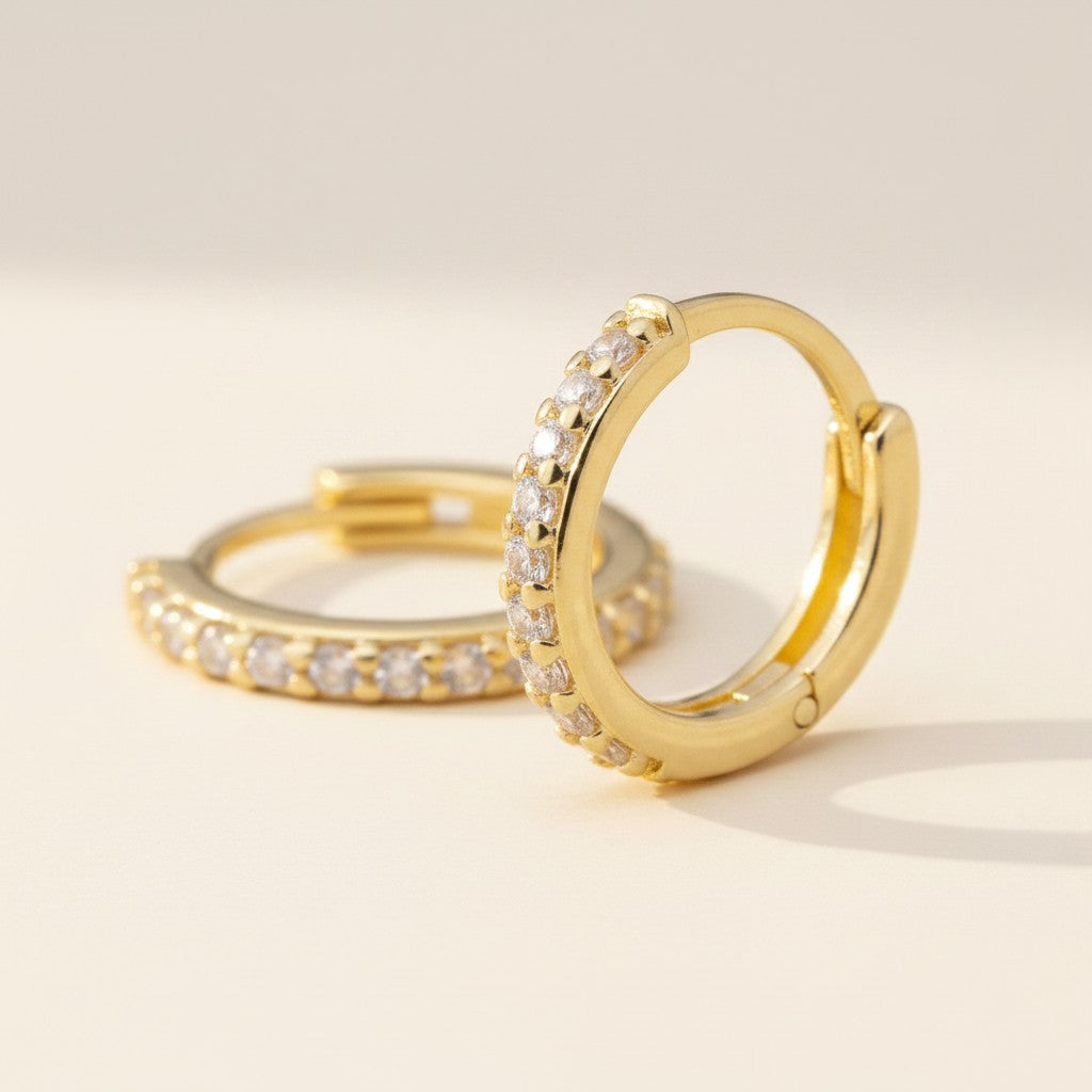 ✨ 18k Gold Filled 15mm CZ Hoop Earrings — Slim. Scattered. Sparkling From Every Angle.
