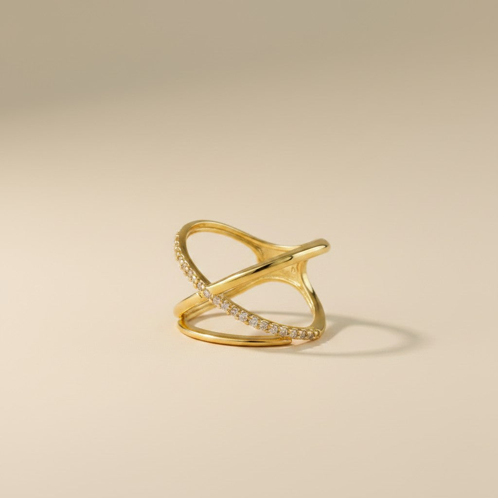 ✨ 18k Gold Filled Half-CZ X Ring — The Asymmetry That Makes It Impossible to Look Away