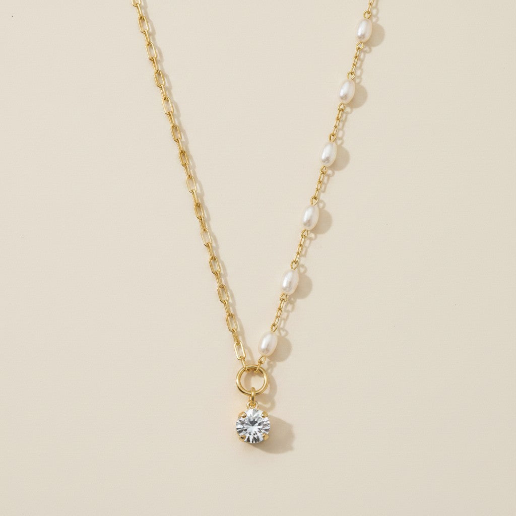 18k Gold Filled Pearl & CZ Mixed Necklace | Unique Layered Sparkle