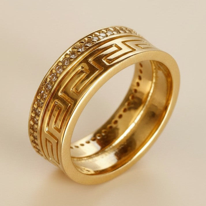 ✨ 18k Gold Filled Greek Pattern CZ Band Ring — Ancient Craft. Modern Finger. Timeless Beauty.