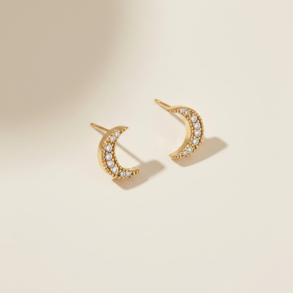 🌙 18k Gold Filled CZ Crescent Moon Stud Earrings — The Moon, Covered in Stars.