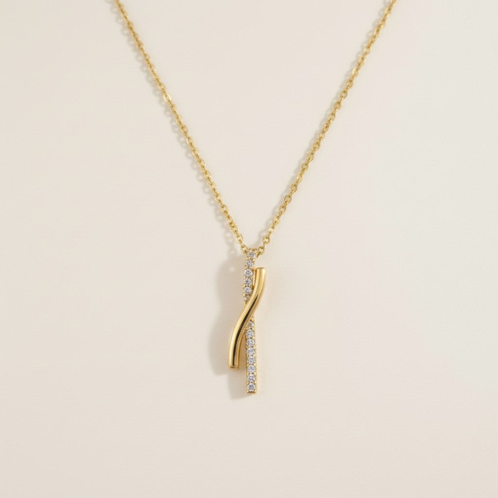 18k Gold Filled Curve Bar CZ Necklace