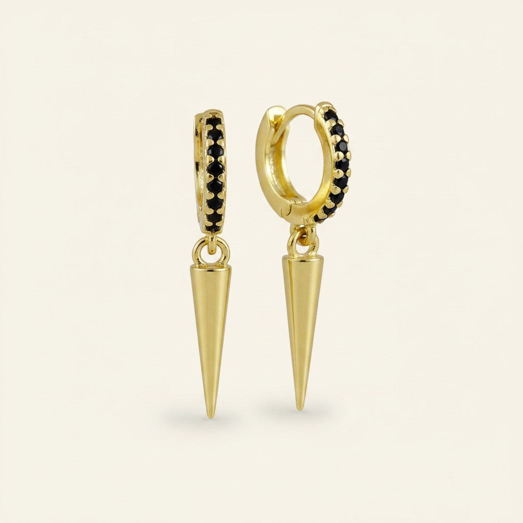 🖤 18k Gold Filled Black CZ Spike Hoop Earrings — Dark Crystal Above. Gold Point Below.