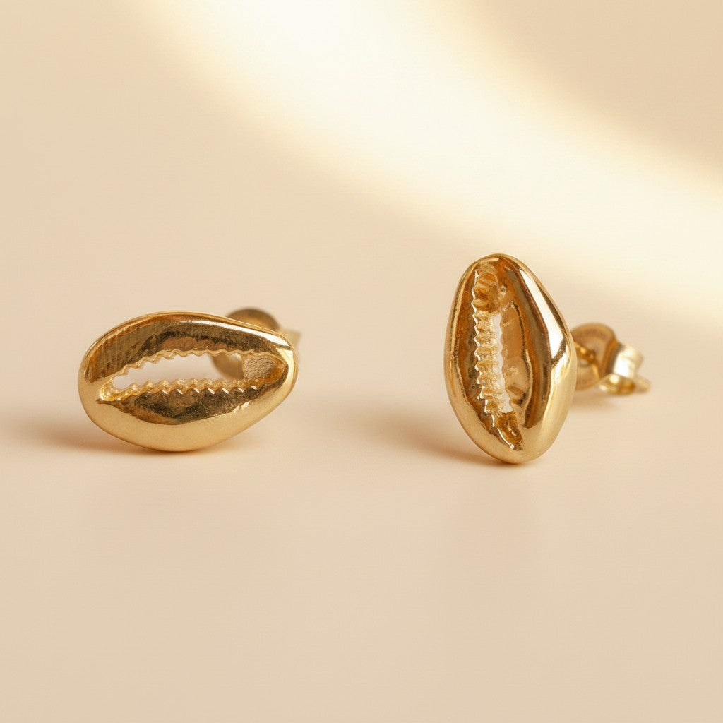 18k Gold Filled Cowrie Shell Stud Earrings | Symbol of Womanhood & Heritage