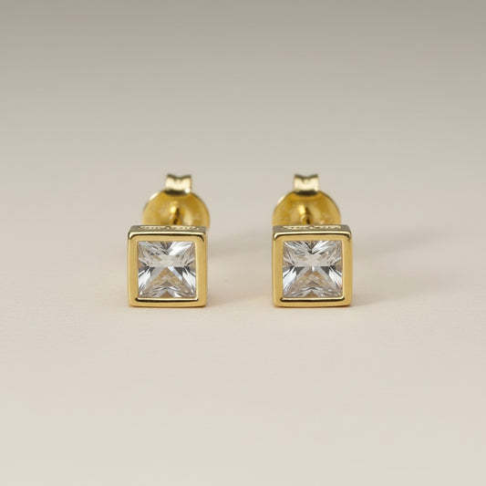 Handcrafted Square CZ Stud Earrings - Waterproof & Hypoallergenic
