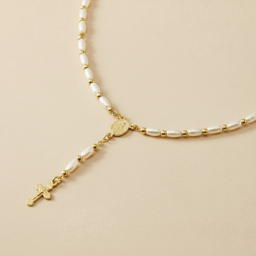 Pearl Rosary Necklace for Women | Religious Jewelry | Spiritual Pearl Necklace