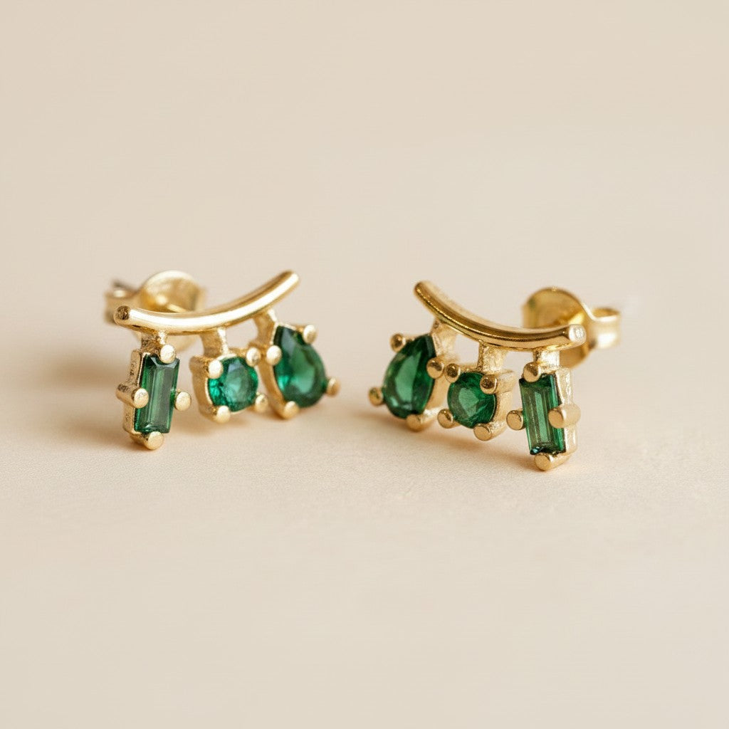 18k Gold Filled Emerald CZ Drop Stud Earrings | Trendy Color, Artful Design