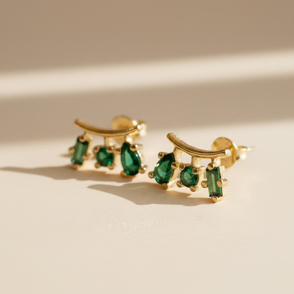 18k Gold Filled Emerald CZ Drop Stud Earrings | Trendy Color, Artful Design