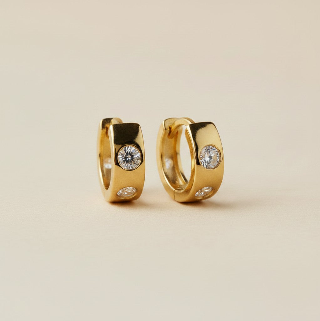 ✨ 18k Gold Filled Three-Stone CZ Huggie Earrings — Three Large Stones. One Row. Maximum Sparkle, Close to the Lobe.