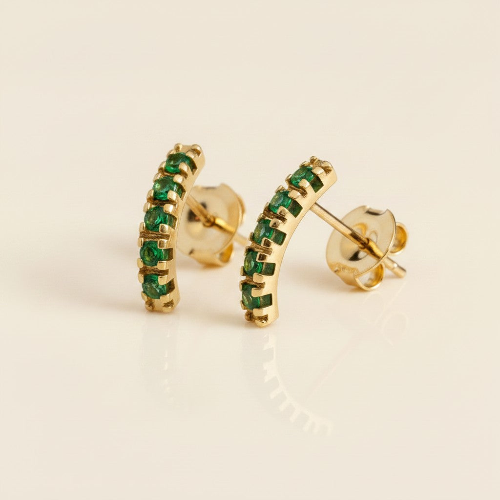 💚 18k Gold Filled Curved Bar Emerald Crystal Stud Earrings — Five Green Stones. One Graceful Curve.