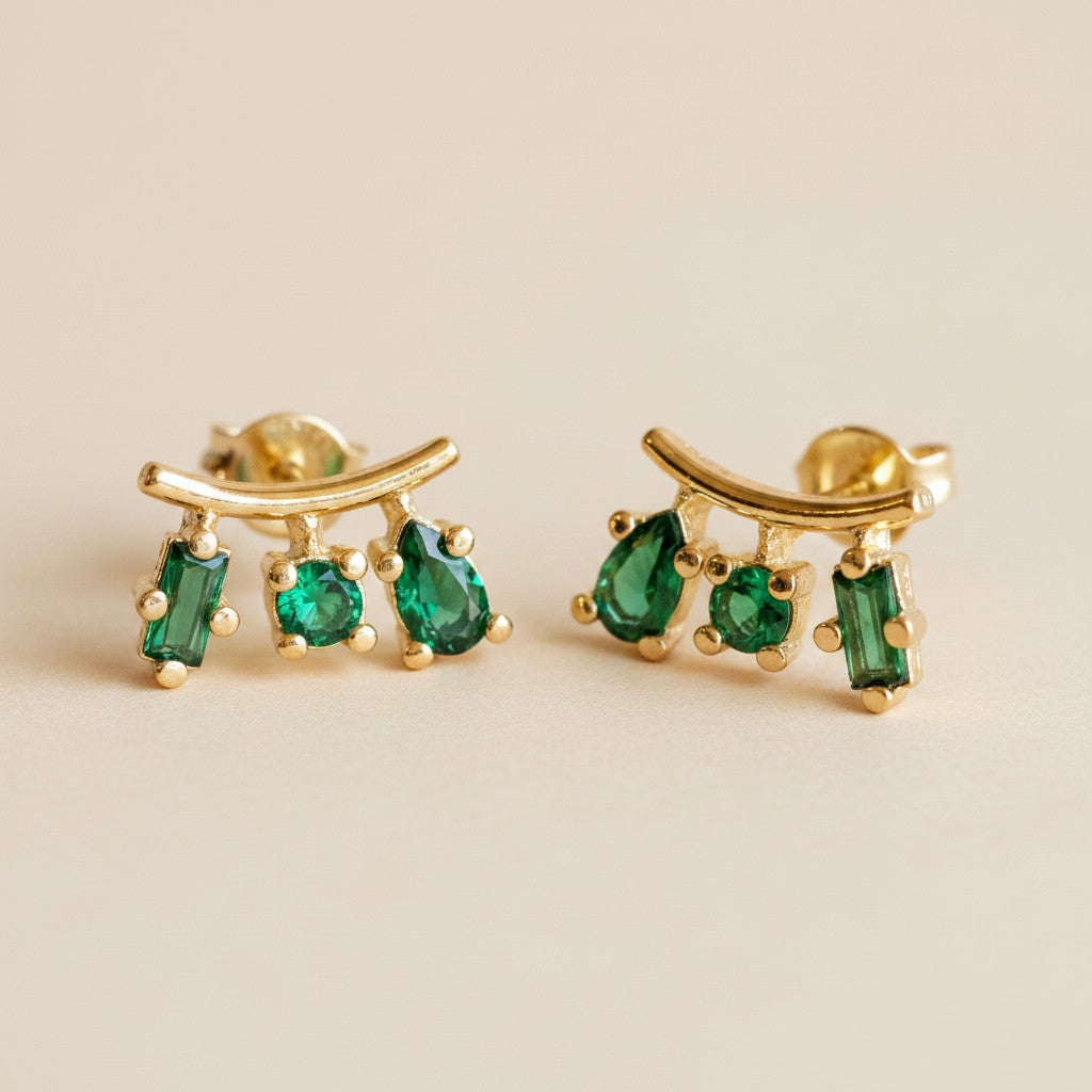 18k Gold Filled Emerald CZ Drop Stud Earrings | Trendy Color, Artful Design