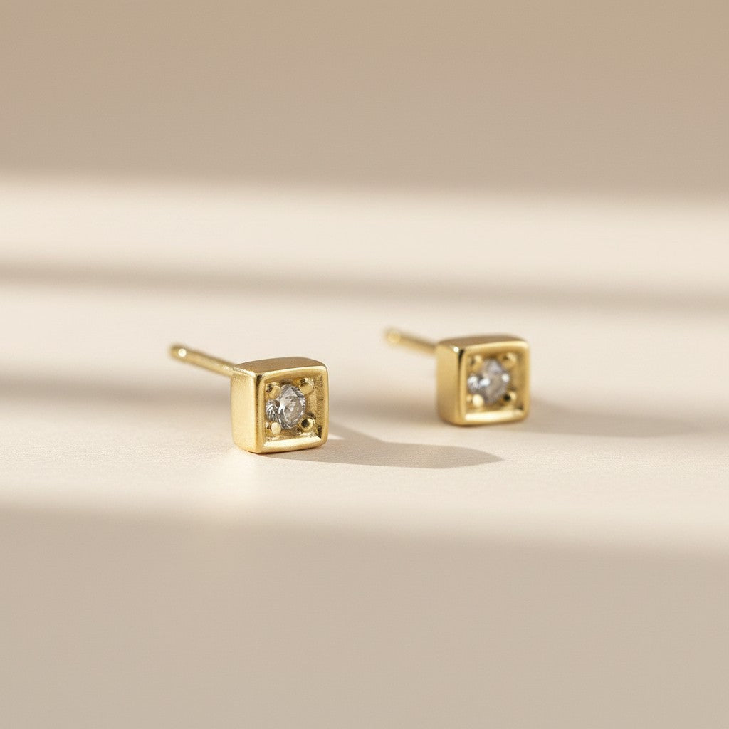 18k Gold Filled Square CZ Stud Earrings | Modern Geometric Style