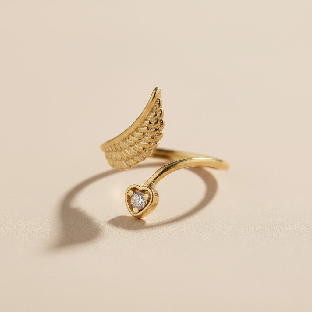 💛 18k Gold Filled Heart &amp; Wing CZ Ring — Love on One Side. Freedom on the Other