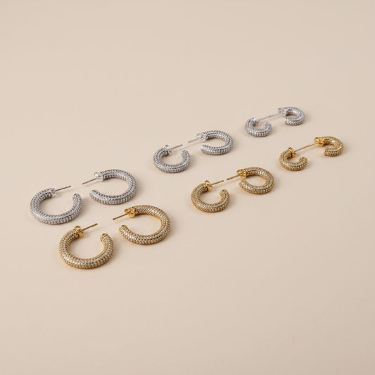 ✨ Iced C-Hoop Earrings — Full Micro CZ Coverage. Three Sizes. Two Metals. One Continuous Sparkle.