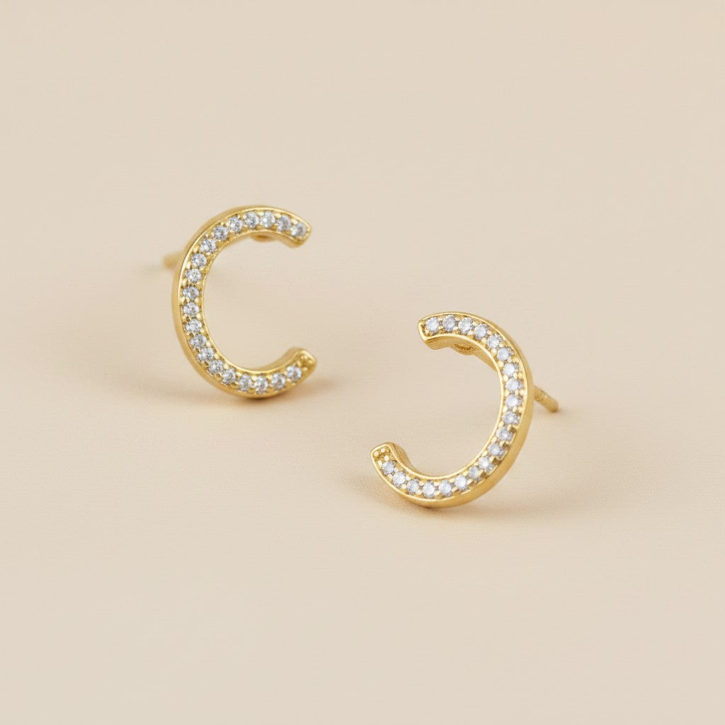 18k Gold Filled Half Round CZ Stud Earrings | Understated Sophistication