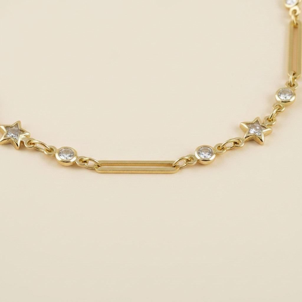 18k Gold Filled Paperclip & Stars CZ Bracelet | Celestial Elegance