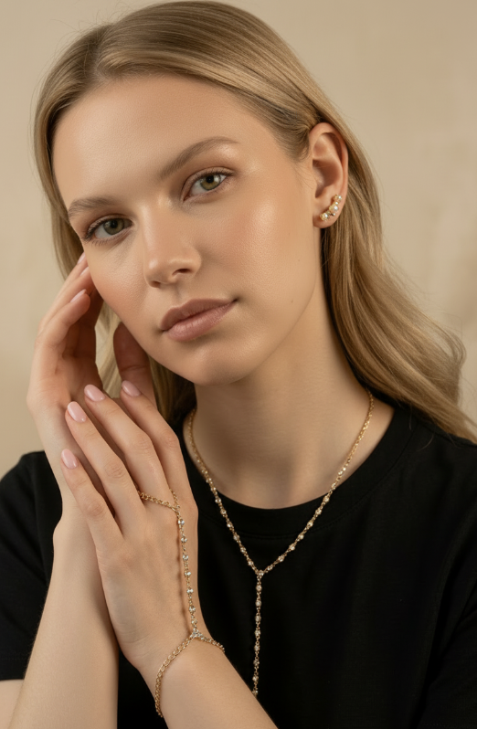 18k Gold Filled Dainty Round Bezel CZ Hand Chain