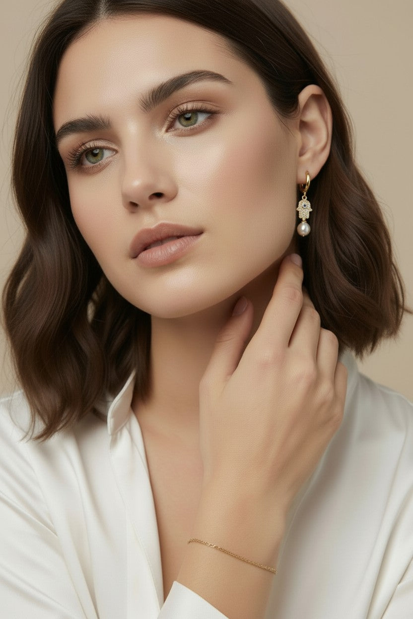 🪬 18k Gold Filled Hamsa Pearl Hoop Earrings — Protection, Elegance, a Little Something Sacred