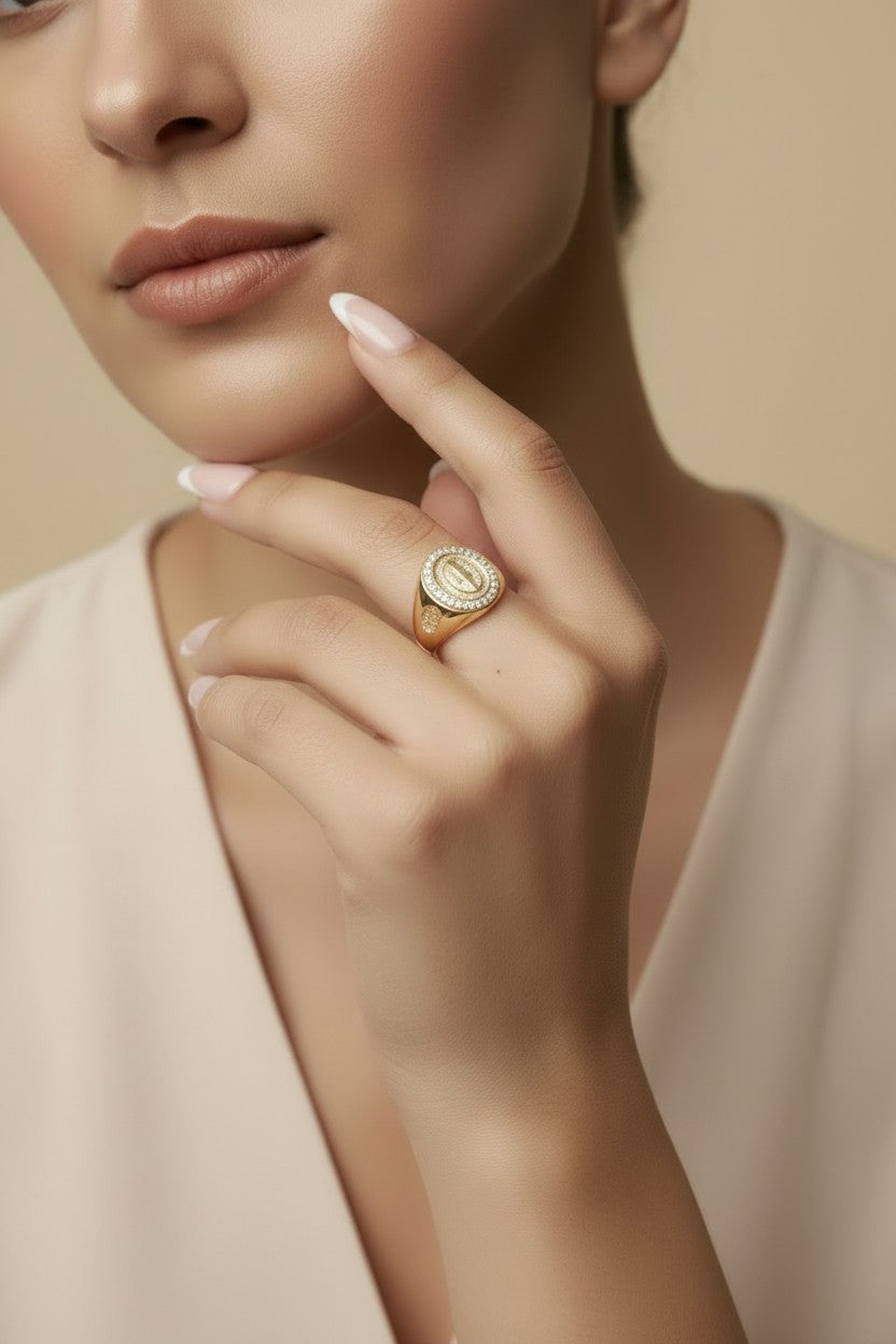 18k Gold Filled Our Lady of Grace CZ Signet Ring — Wear Her Protection. Every Day.