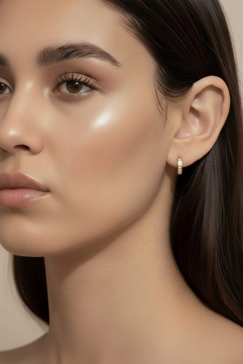 CZ Line Clicker Hoop Earrings - Small Crystal Huggie Hoops 12mm | Sparkly Minimalist Earrings for Women | Hypoallergenic