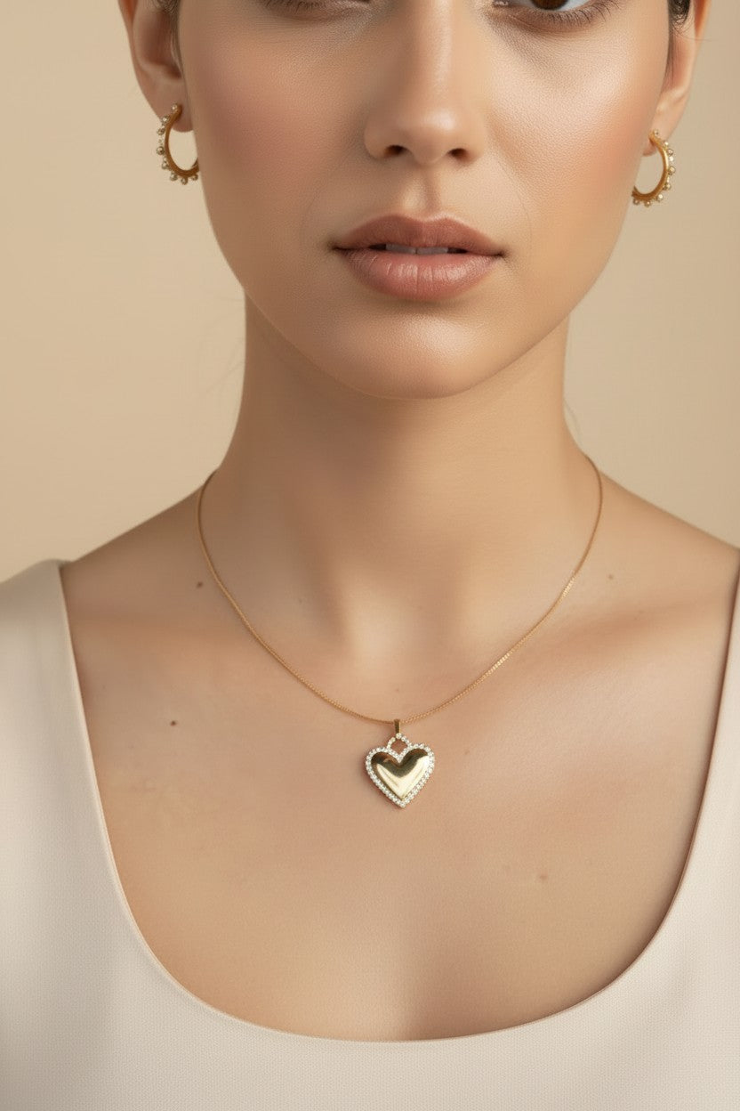 💛 18k Gold Filled CZ Border Heart Pendant — Outlined in Light. Open at the Center.