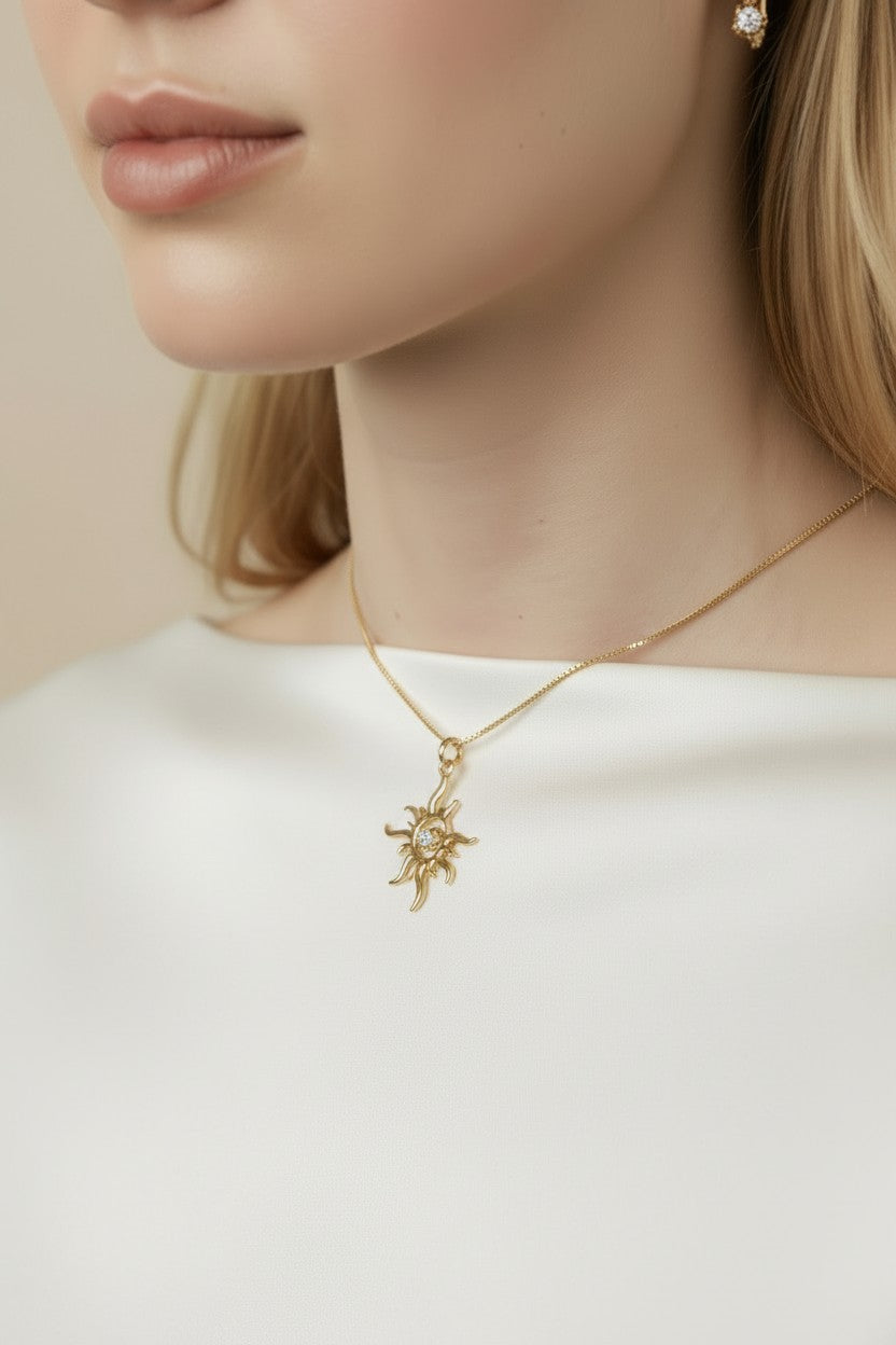 18k Gold Filled Radiant Sun CZ Pendant — Light at the Center. Gold Reaching Outward.