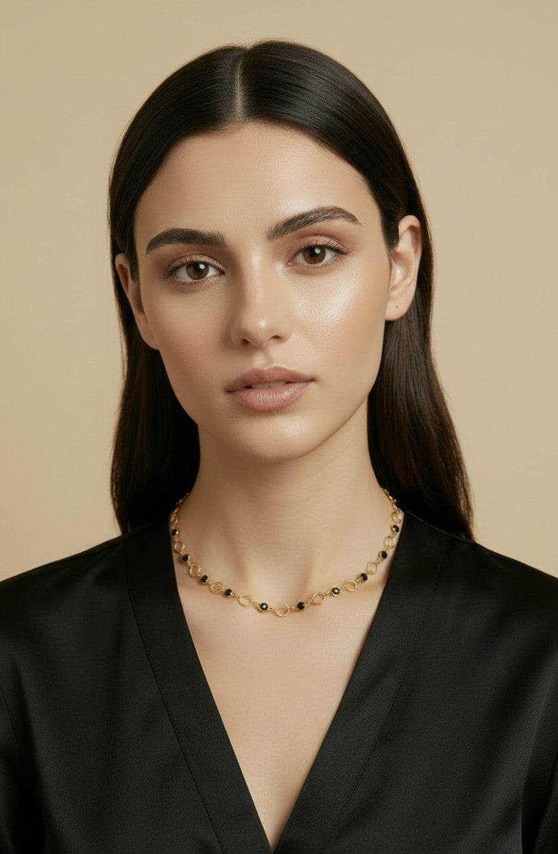 18k Gold Filled Black Bezel CZ & Circles Choker Necklace