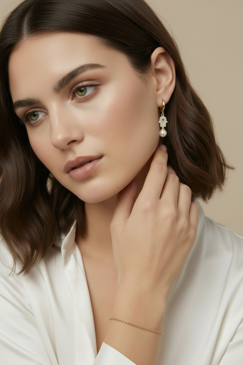 🪬 18k Gold Filled Hamsa Pearl Hoop Earrings — Protection, Elegance, a Little Something Sacred