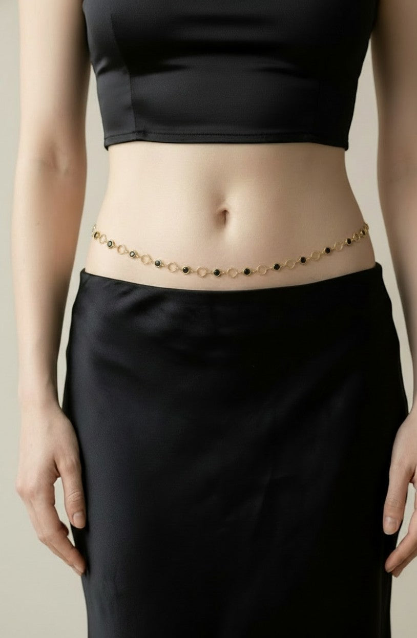✨ 18k Gold Filled Black CZ Circle Link Belly Chain — Gold; Black. The Contrast That Commands.
