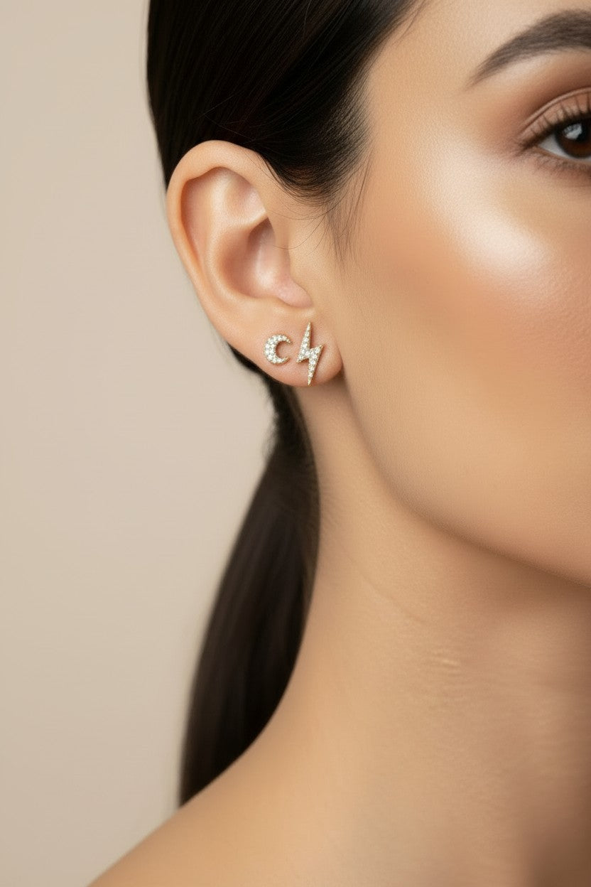 🌙 18k Gold Filled CZ Crescent Moon Stud Earrings — The Moon at the Ear. Sparkling Always