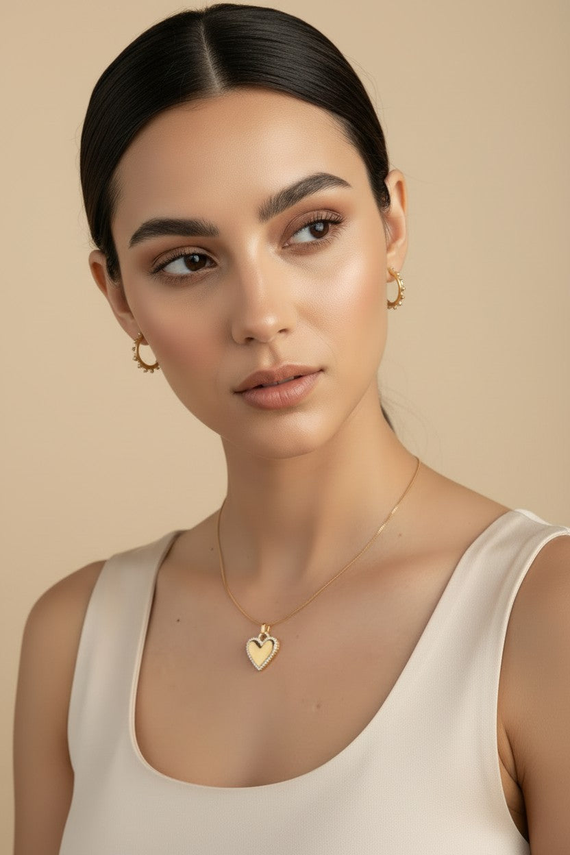 💛 18k Gold Filled CZ Border Heart Pendant — Outlined in Light. Open at the Center.