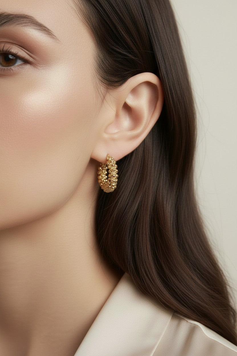 Beaded Cluster Hoop Earrings | Textured Hoop Earrings for Women | Medium Hoop Earrings 25mm | Handcrafted Gold Hoops