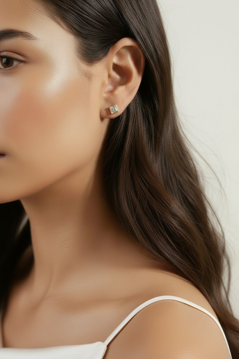 Handcrafted Square CZ Stud Earrings - Waterproof & Hypoallergenic