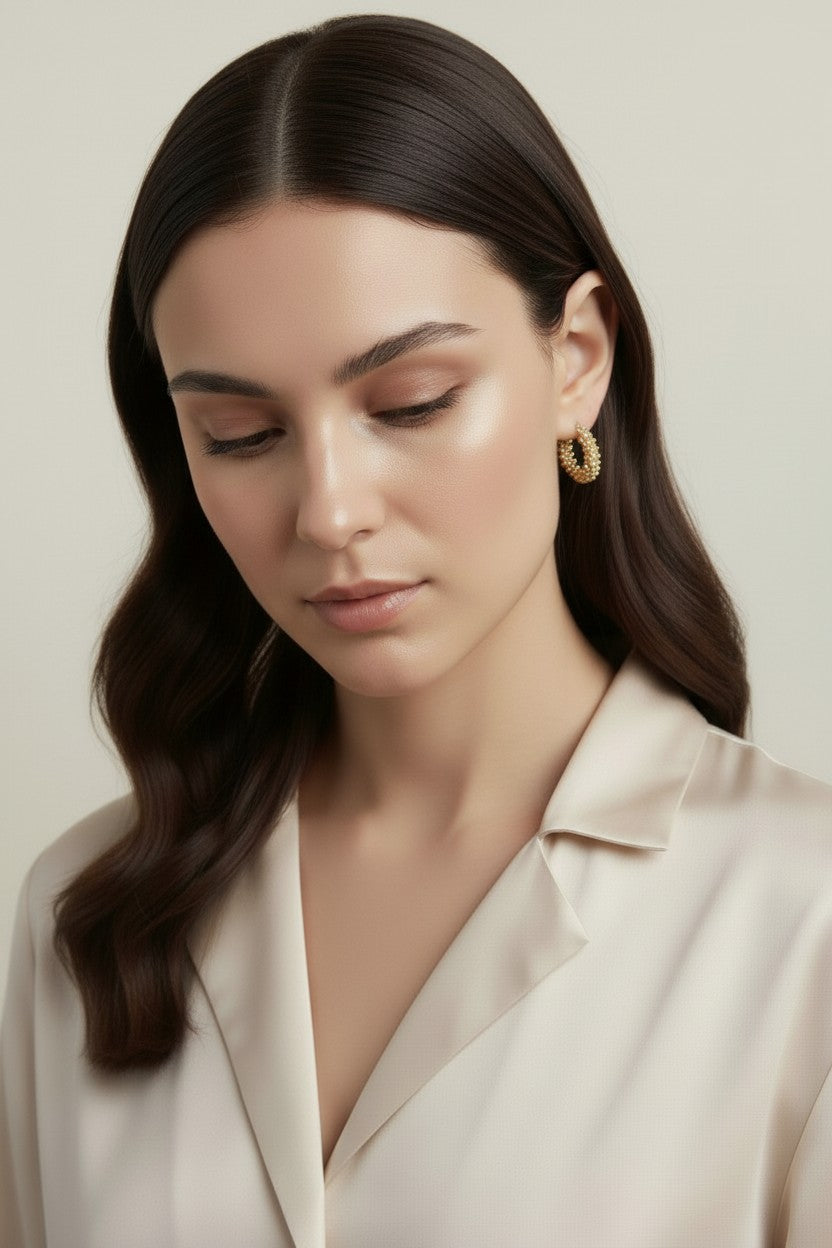 Beaded Cluster Hoop Earrings | Textured Hoop Earrings for Women | Medium Hoop Earrings 25mm | Handcrafted Gold Hoops