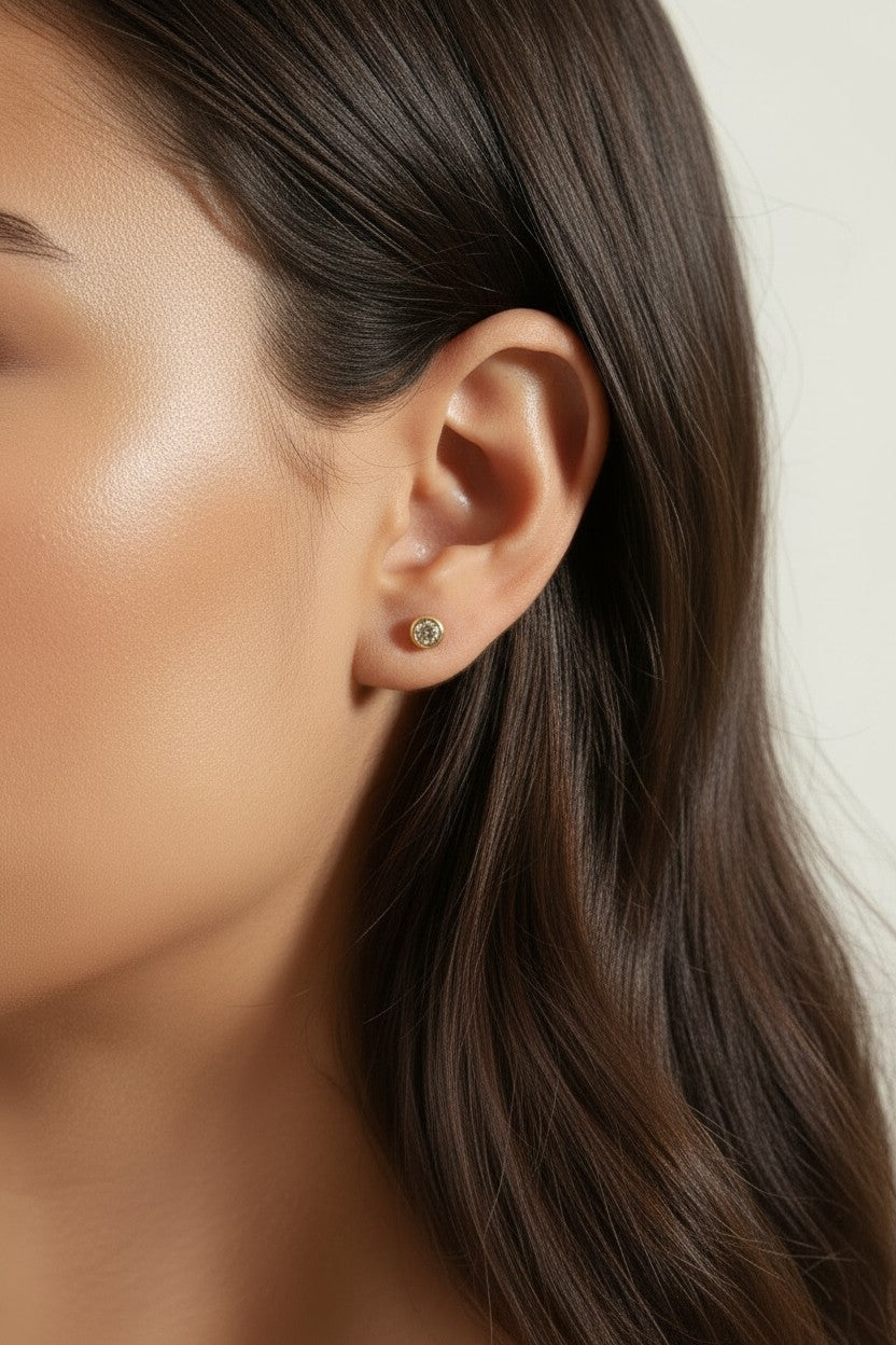 Delicate 18k Gold Filled Bezel CZ Stud Earrings - Dainty Round Diamond Look Studs