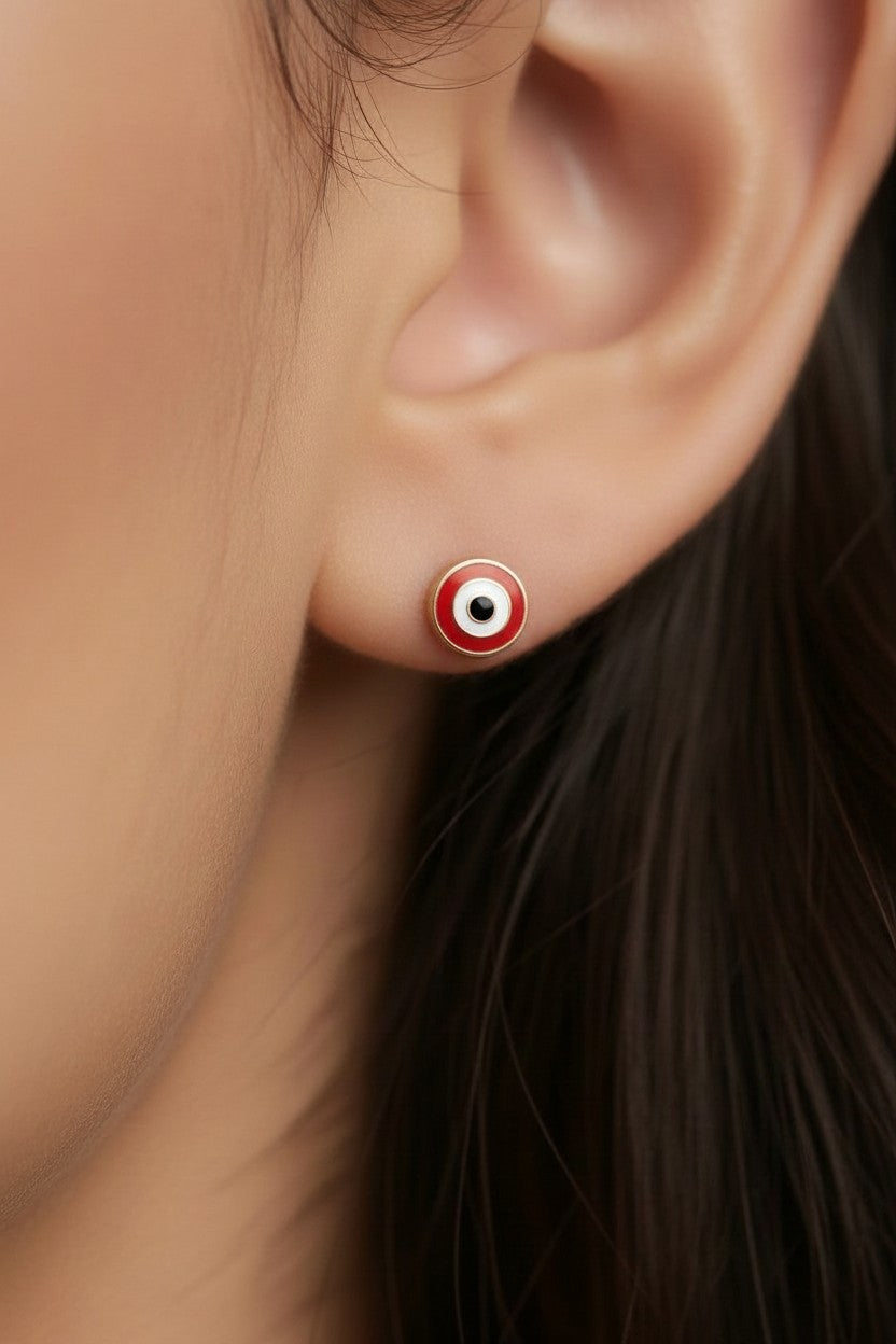 Evil Eye Stud Earrings - Tiny Red Enamel Protection Studs for Women