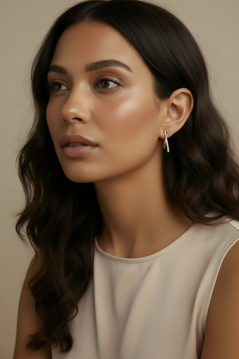 18k Gold Filled Curve Bar CZ Earrings