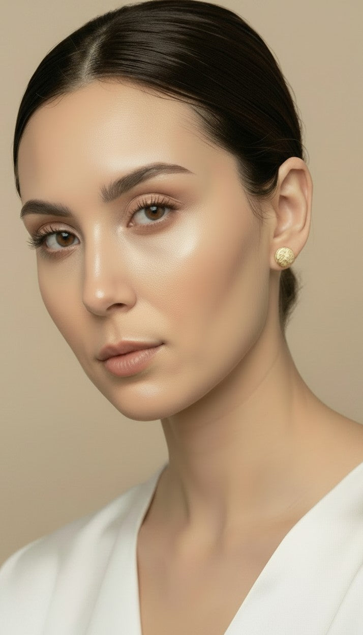 ✨ 18k Gold Filled Brushed Button Stud Earrings — Matte Gold. Edge Sparkle. The Detail That Makes It.